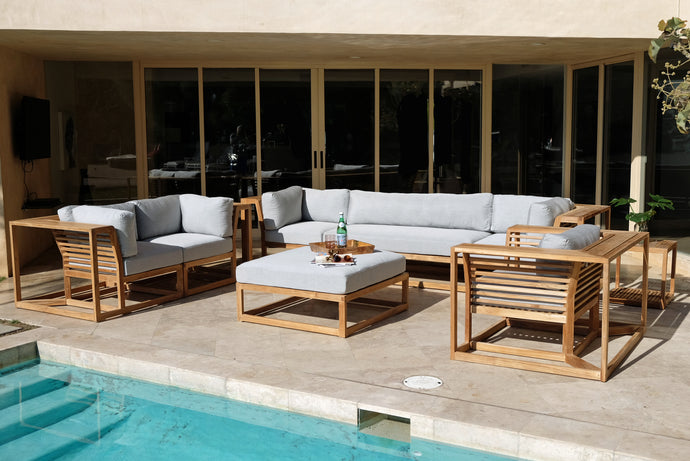 5pc Laguna Teak Deluxe Sofa Deep Seating Group Loveseat with Ottoman. Sunbrella Cushion