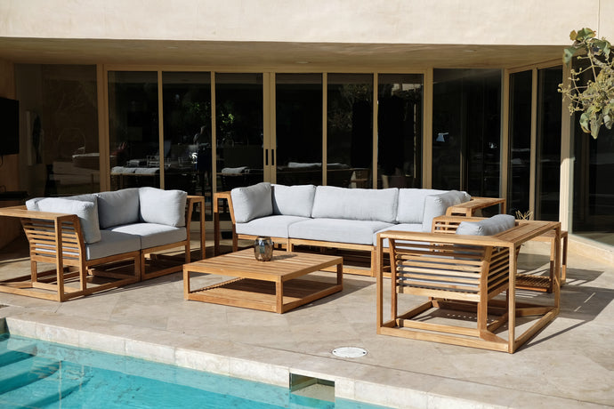 5pc Laguna Teak Sofa Deep Seating Group Loveseat with Coffee Table. Sunbrella Cushion