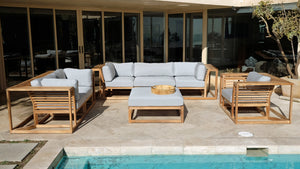 5pc Laguna Teak Sofa Deep Seating Group Loveseat with Ottoman. Sunbrella Cushion