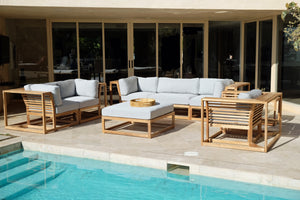 5pc Laguna Teak Sofa Deep Seating Group Loveseat with Ottoman. Sunbrella Cushion