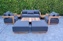 8 pc Hermosa Teak Deep Seating Loveseat 49" Coffee Table. Sunbrella Cushion