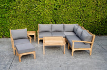 9 pc Huntington Teak Sectional Seating Group with 36" Chat Table. Sunbrella Cushion.