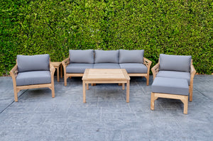 6 pc Monterey Teak Seating Group with 36" Chat Table. Sunbrella Cushion.