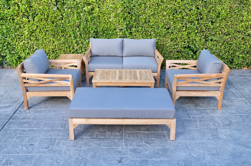 6 pc Monterey Teak Loveseat Deep Seating Set with Coffee Table. Sunbrella Cushion.