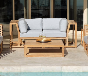5pc Laguna Teak Loveseat Deep Seating Group with Coffee Table. Sunbrella Cushion