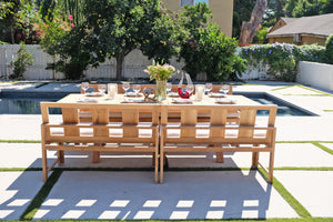 5 pc Newport Teak Bench Dining Set with Expansion Table. Sunbrella Cushion.