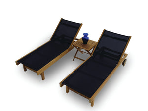 Set of 2 Teak and Sling Outdoor Chaise Lounge with Wheels