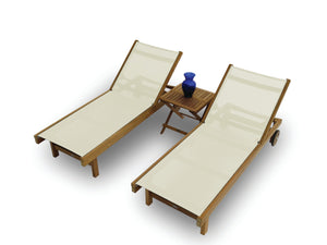 Set of 2 Teak and Sling Outdoor Chaise Lounge with Wheels