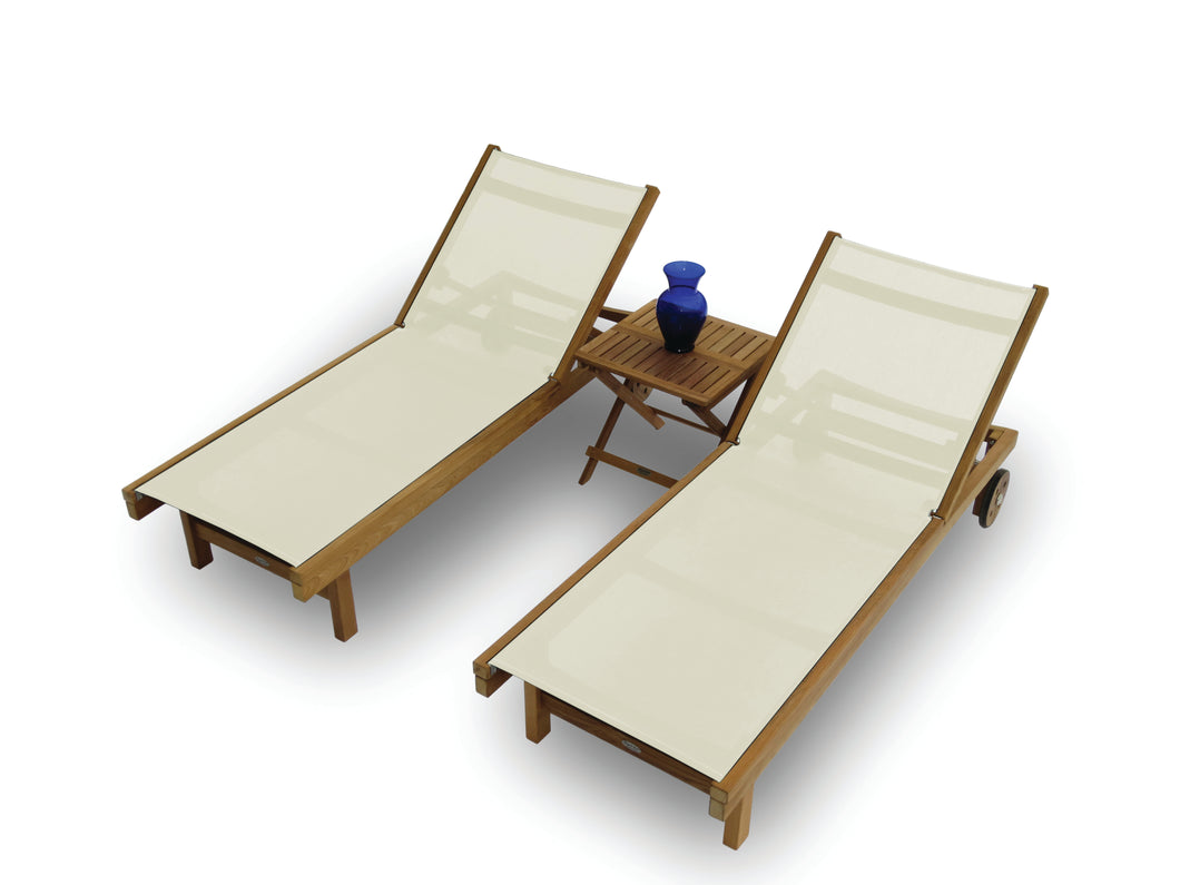 Set of 2 Teak and Sling Outdoor Chaise Lounge with Wheels
