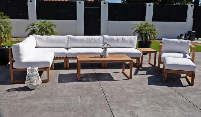 8 pc Venice Teak Outdoor Sectional Set with Coffee Table. Sunbrella Cushions