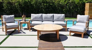 6 pc Huntington Teak Outdoor Deep Seating Group with 52" Chat Table. Sunbrella Cushion